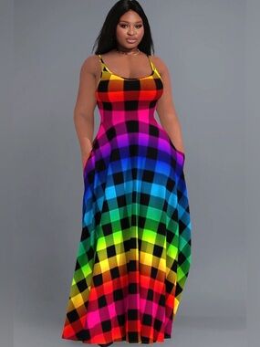 Xpluswear Design Plus Size Casual Sundress Rainbow Gradient Plaid Pockets 3X
